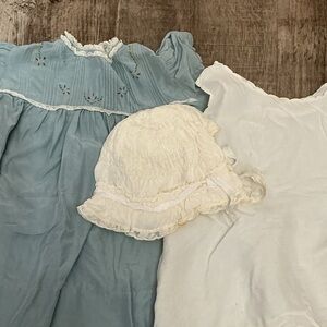 Vintage silk Blue Dress, Slip and White Bonnet Set